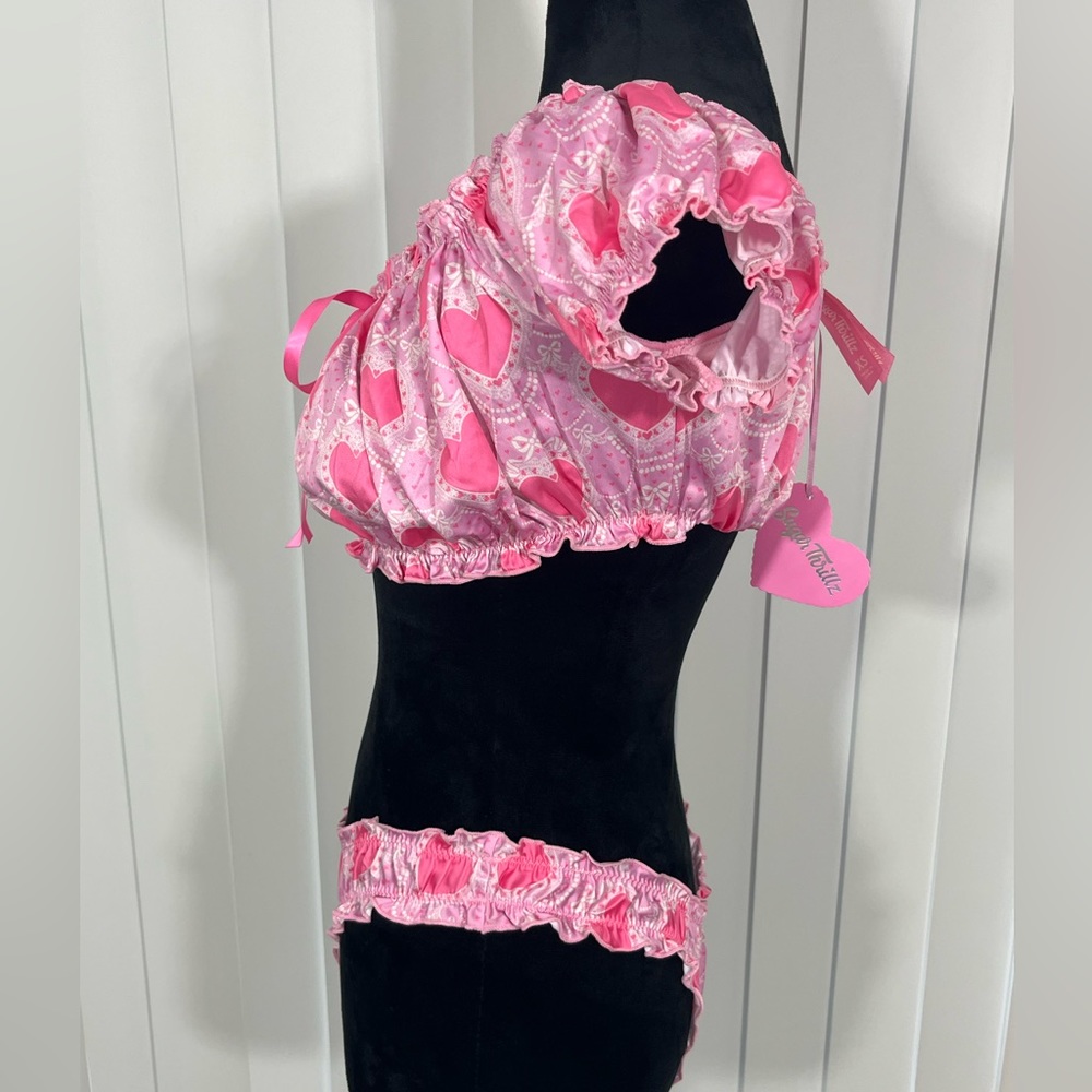 SUGAR THRILLZ Lots Of Love Heart Print Lingerie Set Off Shoulder Top Panties  XS - Picture 2 of 6